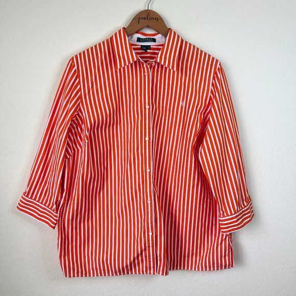 Ralph Lauren Top Womens 1X Plus Orange White Striped Career Button Up Blouse - Picture 1 of 7